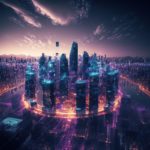 smart city at night, application development concept, smart city